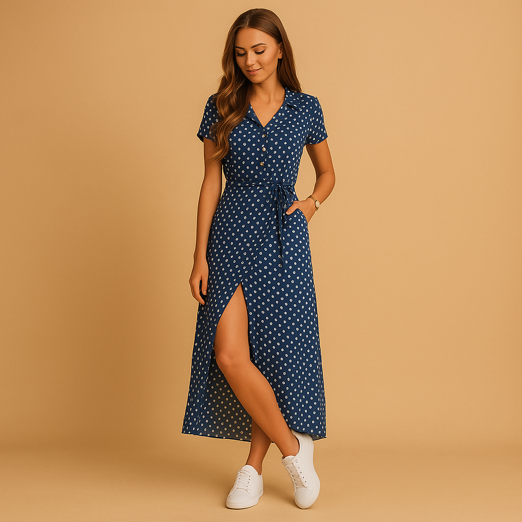 Women’s A-line summer dress with puff sleeves and V-neck, perfect for casual outings and elegant summer occasions.