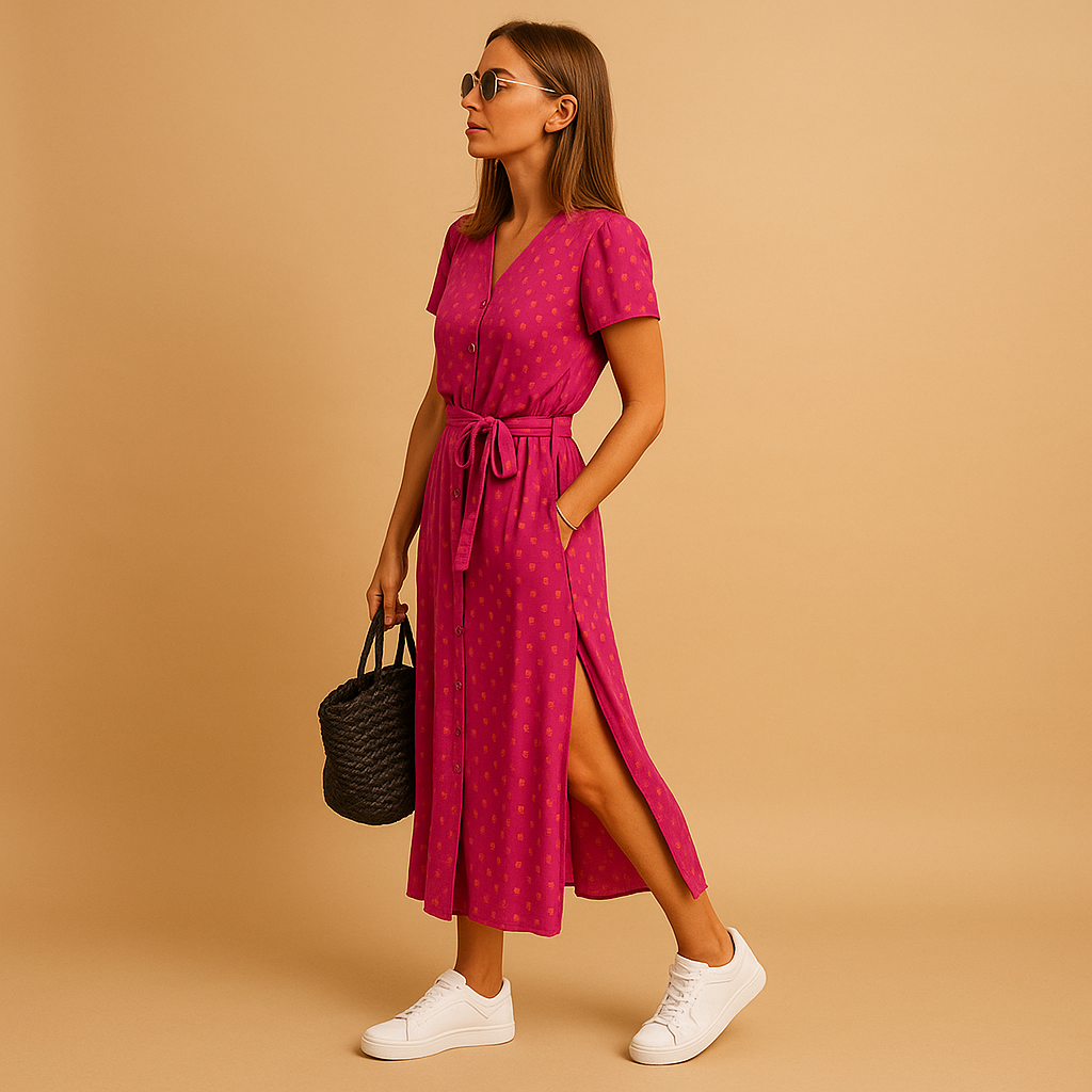 Women’s A-line summer dress with puff sleeves and V-neck, perfect for casual outings and elegant summer occasions.