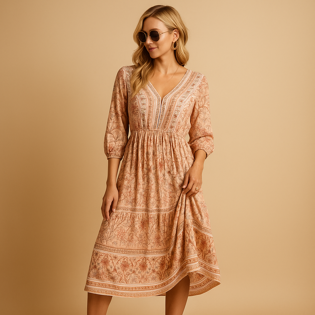 Women’s bohemian summer dress with airy relaxed fit and refined patterns, perfect for festivals, beach days, and casual summer outings.
