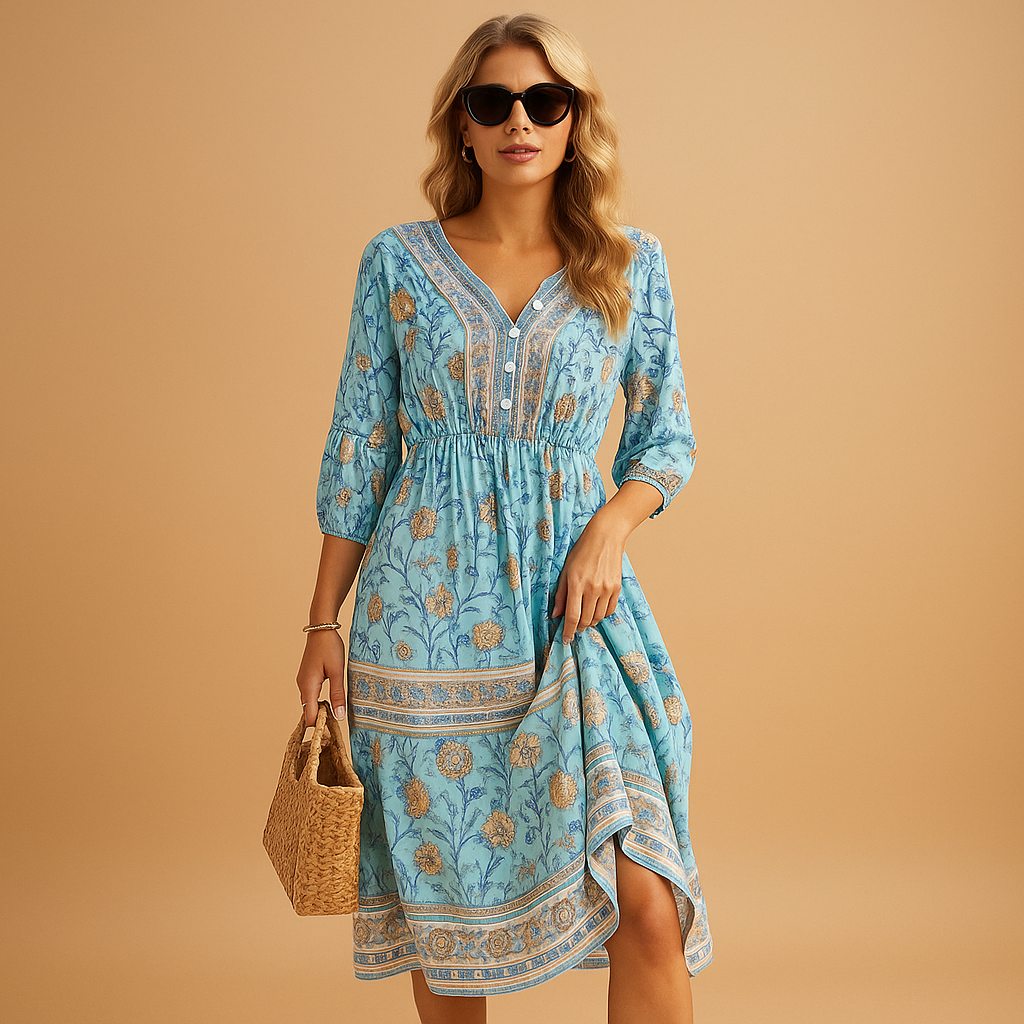 Women’s bohemian summer dress with airy relaxed fit and refined patterns, perfect for festivals, beach days, and casual summer outings.
