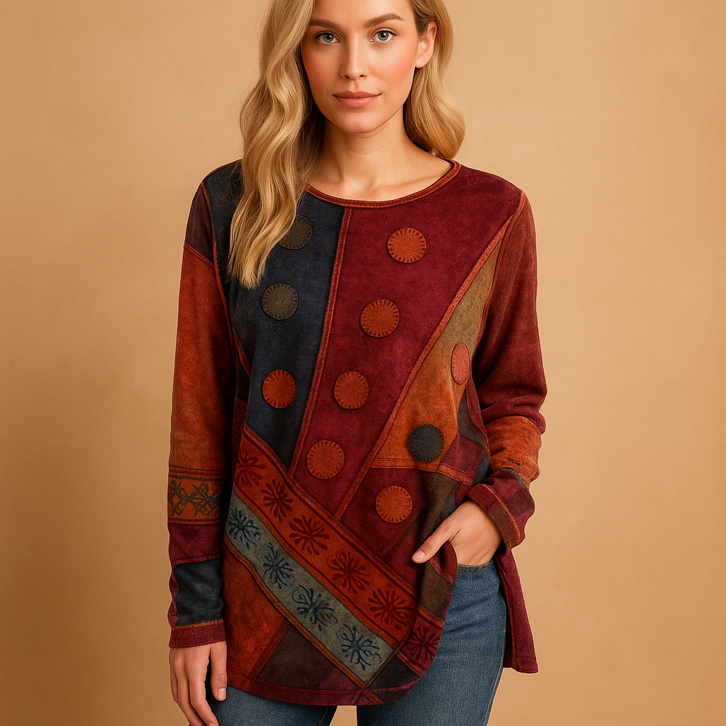 Women’s boho off-shoulder top with ethnic print and relaxed fit, ideal for festivals, summer days, and casual boho outfits.