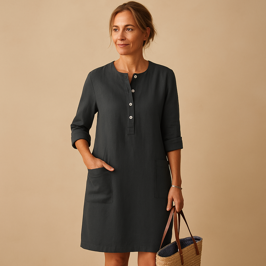 Women’s casual long button dress with rolled sleeves and side pockets in beige, olive green, and black, perfect for daily wear and relaxed outings.