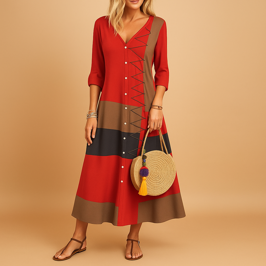 Women’s casual midi dress with button front, mid-length sleeves, and zig-zag stitching, perfect for everyday wear and relaxed outings