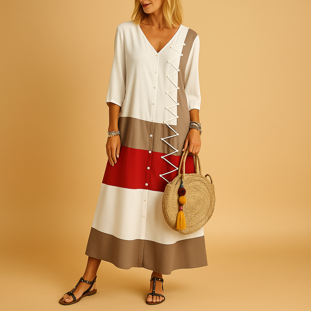 Women’s casual midi dress with button front, mid-length sleeves, and zig-zag stitching, perfect for everyday wear and relaxed outings