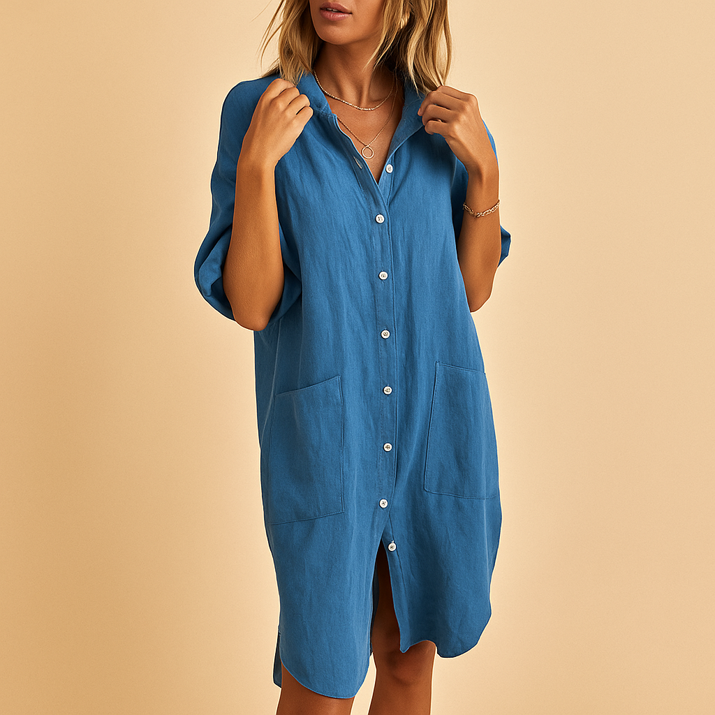 Women’s casual shirt dress with pockets and a comfortable fit, perfect for work, daily wear, and stylish evening outings.