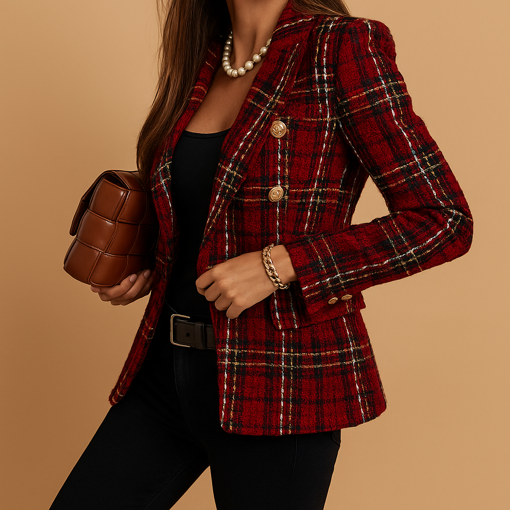 Women’s checked double-breasted blazer with a classic plaid pattern and comfortable fit, ideal for work, meetings, or chic casual outfits.