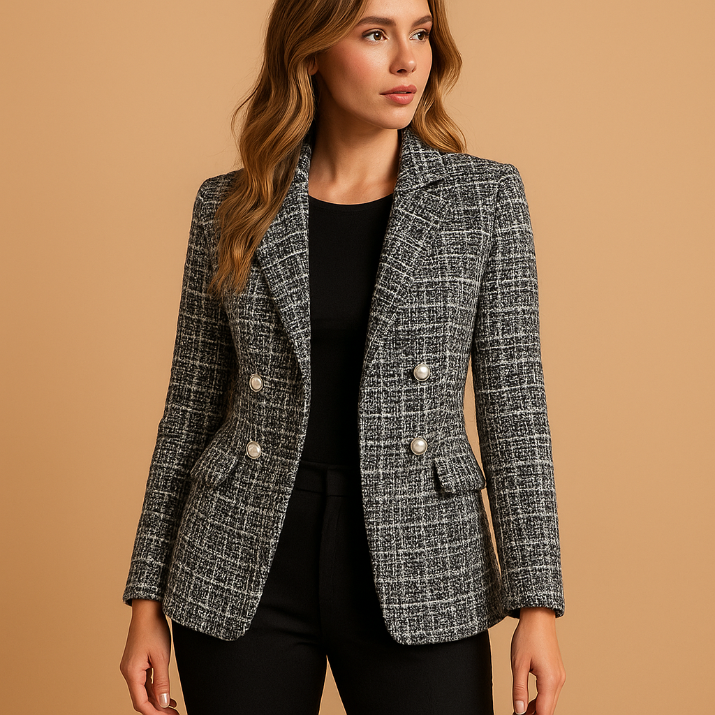 Women’s checked tailored blazer with a flattering fitted silhouette and luxury fabric blend, ideal for work, formal looks, or casual chic outfits.