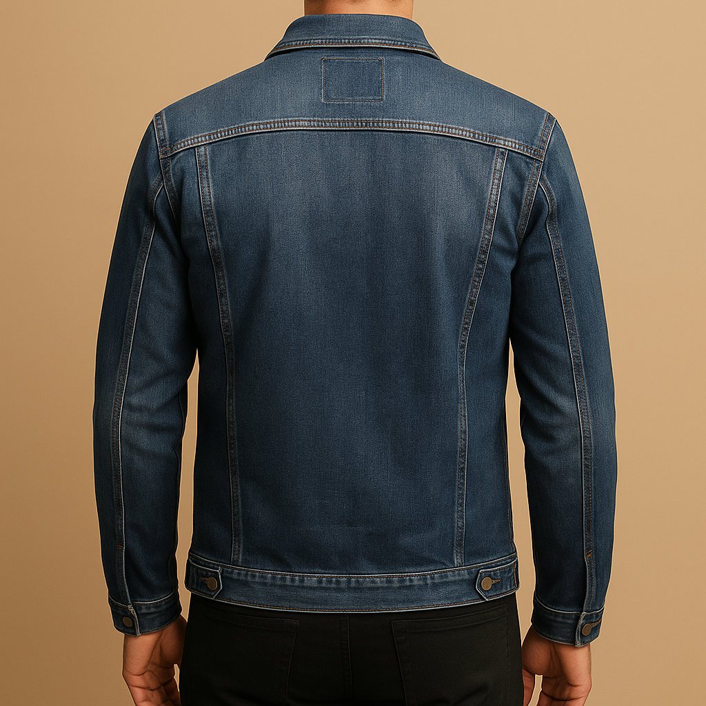 Men’s classic denim jacket in deep blue with a comfortable fit, suitable for everyday wear, city strolls, and casual outdoor days.