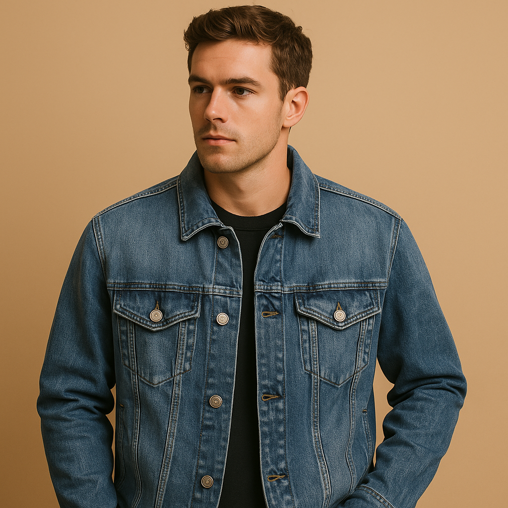 Men’s classic denim jacket in deep blue with a comfortable fit, suitable for everyday wear, city strolls, and casual outdoor days.