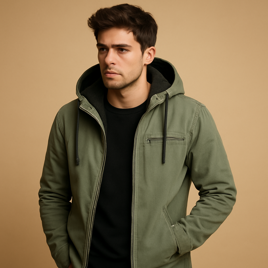 Men’s classic hooded zip-up sweatshirt with soft inner lining and relaxed fit, suitable for everyday wear during autumn, winter, and early spring.