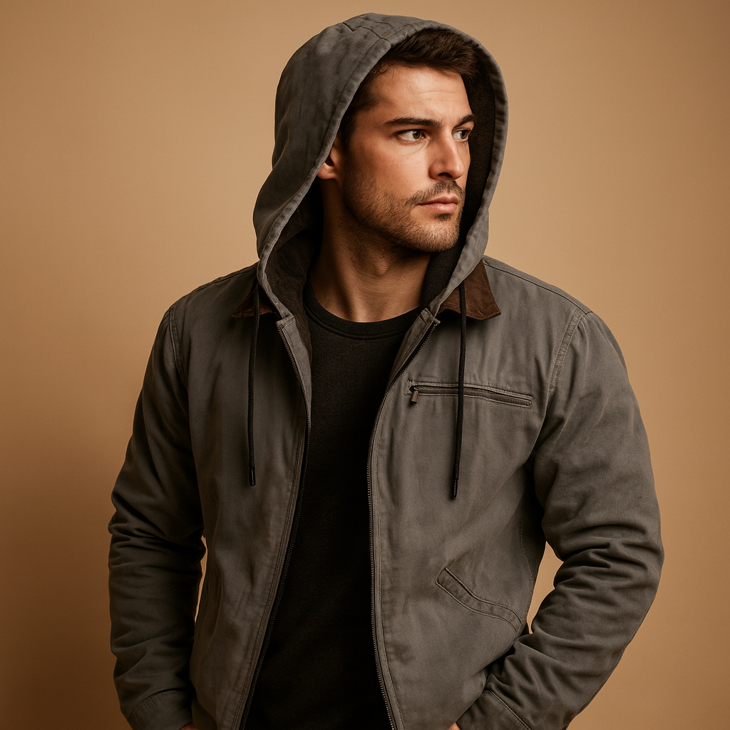 Men’s classic hooded zip-up sweatshirt with soft inner lining and relaxed fit, suitable for everyday wear during autumn, winter, and early spring.