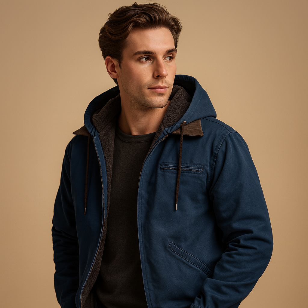 Men’s classic hooded zip-up sweatshirt with soft inner lining and relaxed fit, suitable for everyday wear during autumn, winter, and early spring.