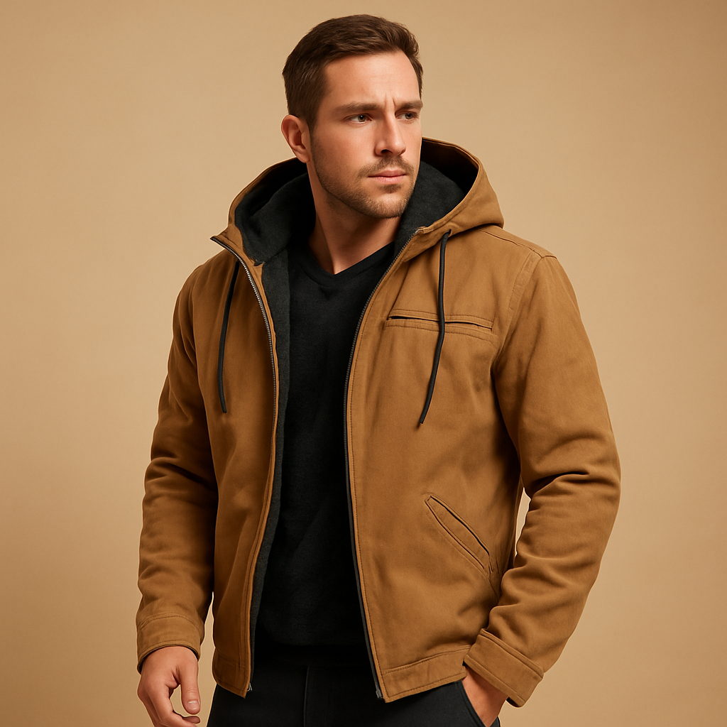 Men’s classic hooded zip-up sweatshirt with soft inner lining and relaxed fit, suitable for everyday wear during autumn, winter, and early spring.