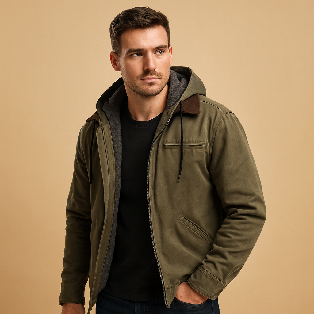 Men’s classic hooded zip-up sweatshirt with soft inner lining and relaxed fit, suitable for everyday wear during autumn, winter, and early spring.