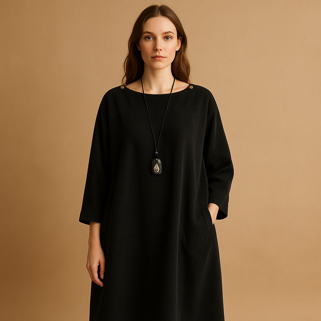 Women’s corduroy summer dress with short sleeves and knee-length fit, perfect for warm days, casual wear, and stylish occasions.