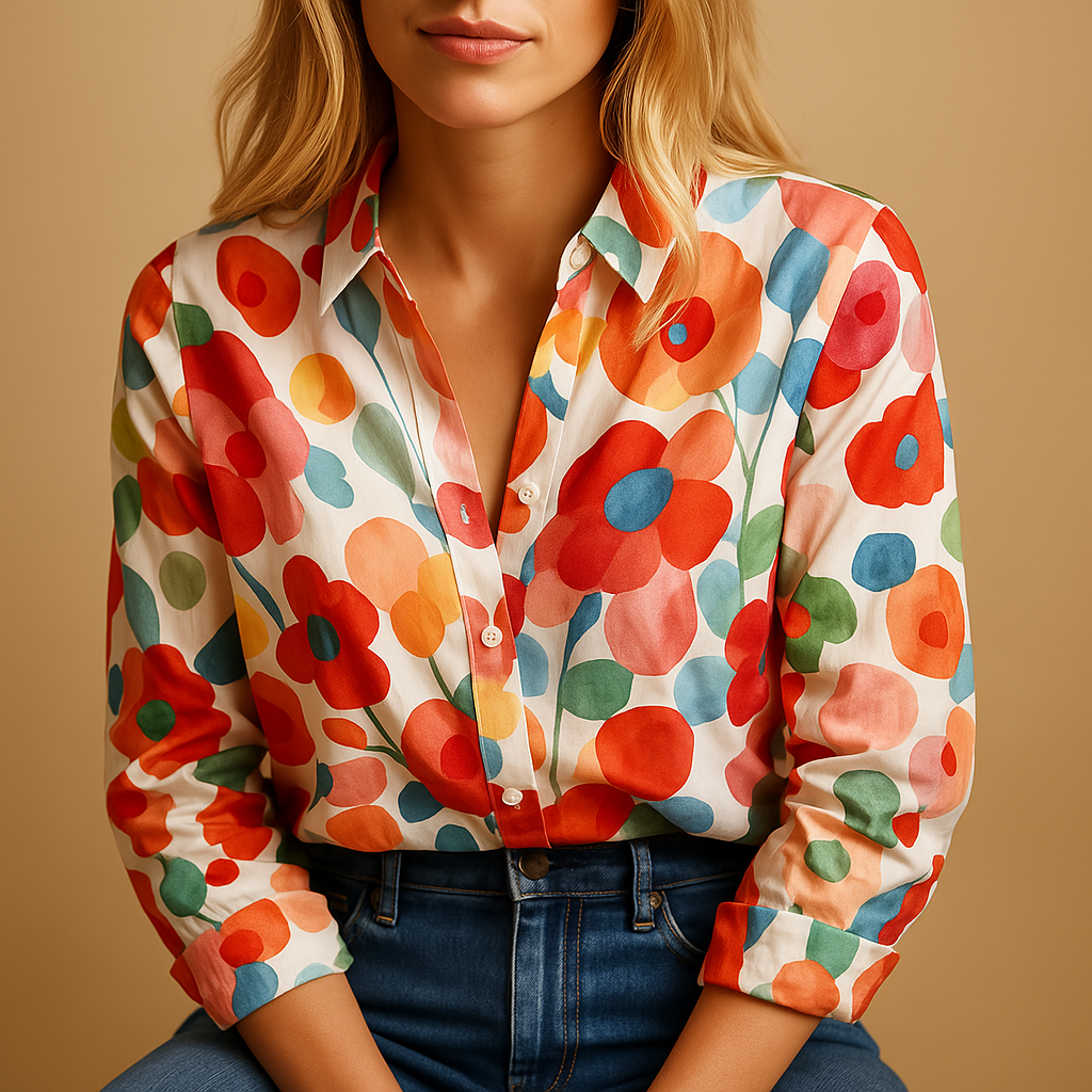 Floral spring blouse for women with a lightweight breathable feel and red flower pattern, suitable for casual outfits, office wear, and everyday use.
