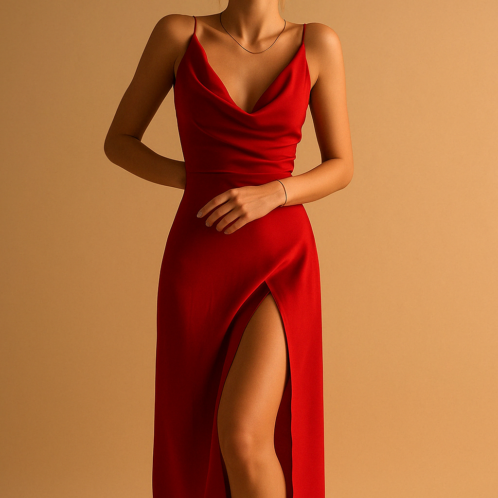 Elegant V-neck maxi dress for women with flowing fit and subtle tailoring, ideal for weddings, galas, and formal occasions.