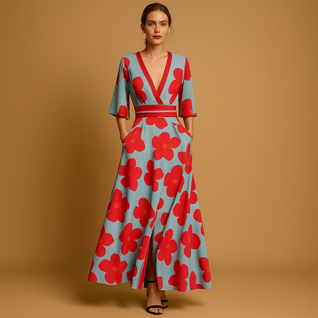 Women’s floral maxi dress with V-neck and pockets, perfect for summer outings, parties, and elegant evening occasions.