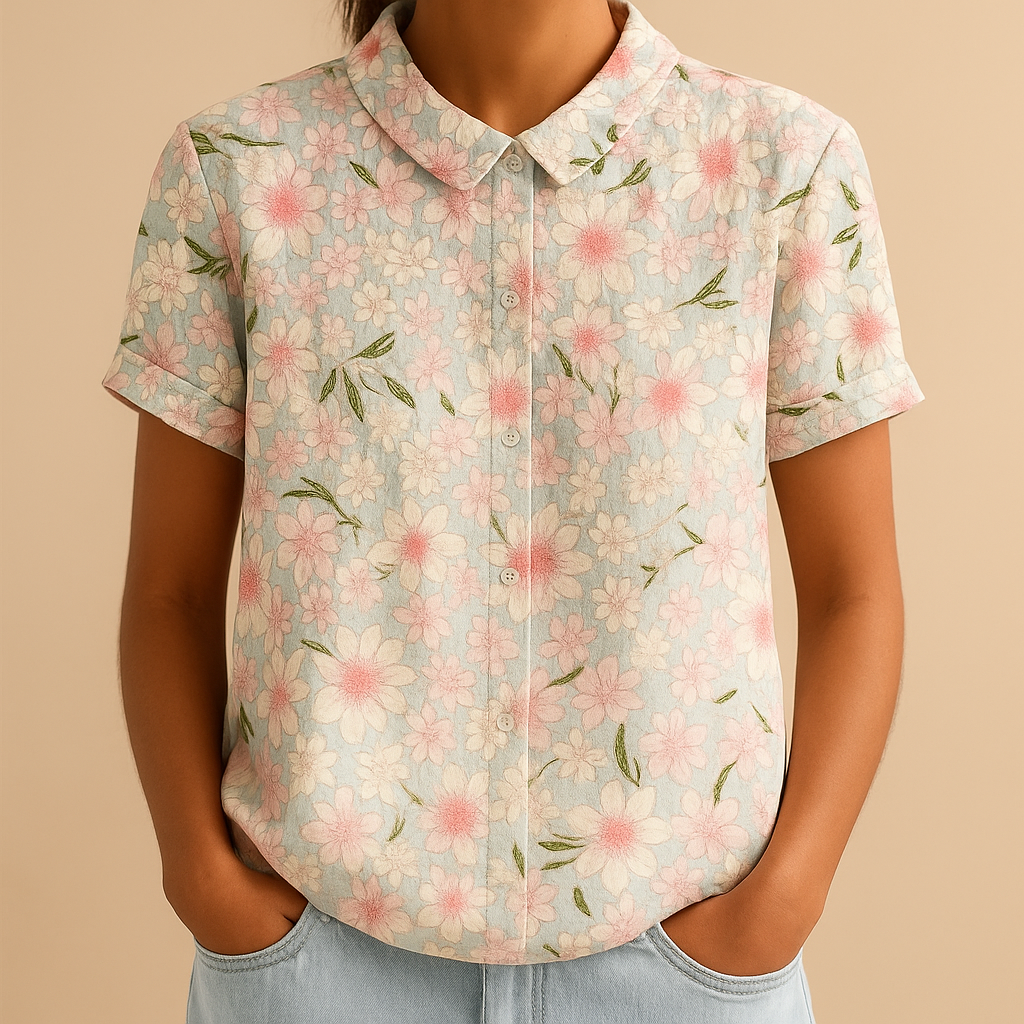 Women’s airy floral print blouse with a loose fit and breathable design, ideal for casual wear on warm days indoors or outdoors.