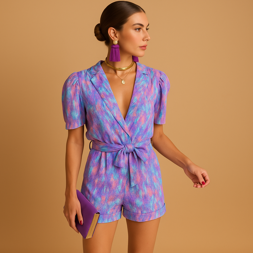 Floral short jumpsuit for women with adjustable waist belt and vibrant print, perfect for warm days, evenings out, and summer occasions.