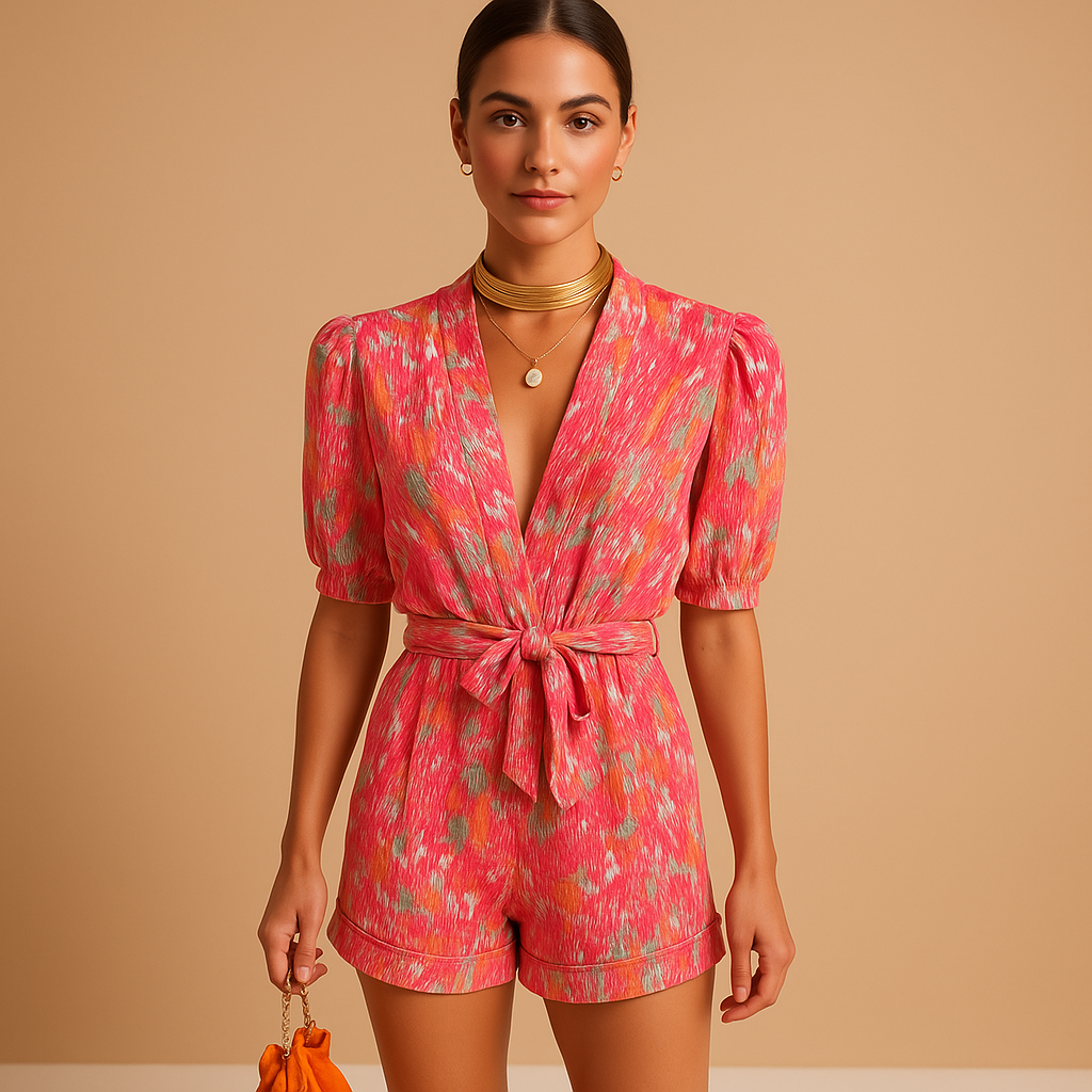 Floral short jumpsuit for women with adjustable waist belt and vibrant print, perfect for warm days, evenings out, and summer occasions.