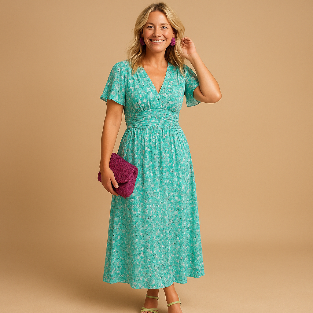 Women’s floral v-neck maxi summer dress with a flowing fit and multicolor print, perfect for holidays, beach days, and evening outings.
