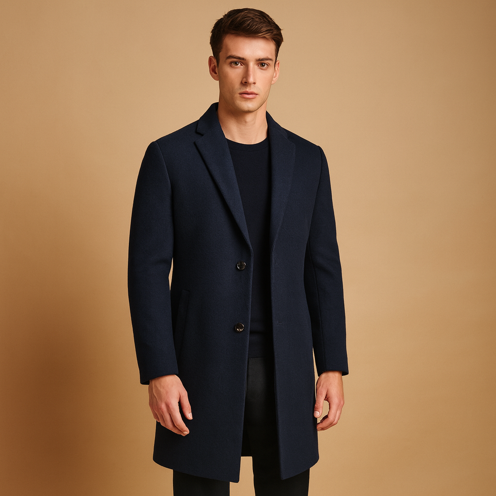 Men’s formal long winter coat with a classic cut and wind-resistant warmth, suitable for business settings, formal occasions, and everyday wear in cold seasons.