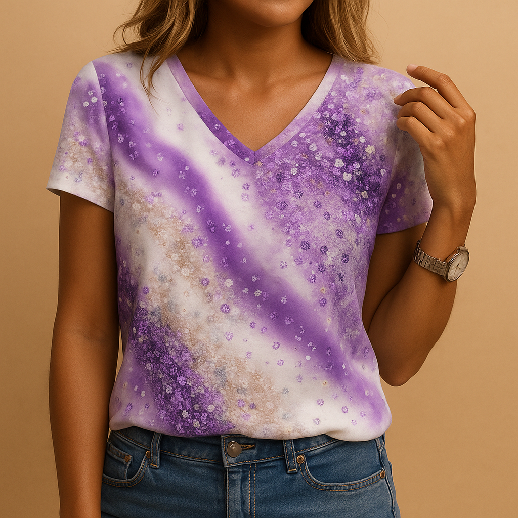 Gradient print v-neck blouse for women with short sleeves and a relaxed fit, suitable for summer outfits, casual days, and warm-weather wear.