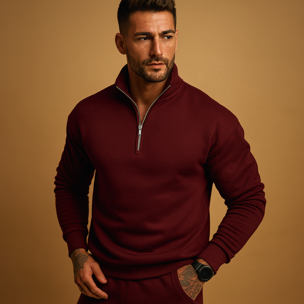 Modern half zip sweater for men with a soft and comfortable fit, ideal for casual and formal wear in autumn and winter.