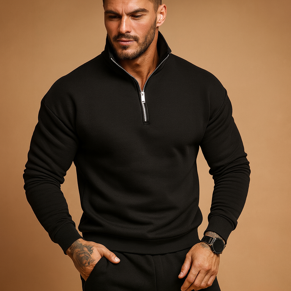 Modern half zip sweater for men with a soft and comfortable fit, ideal for casual and formal wear in autumn and winter.