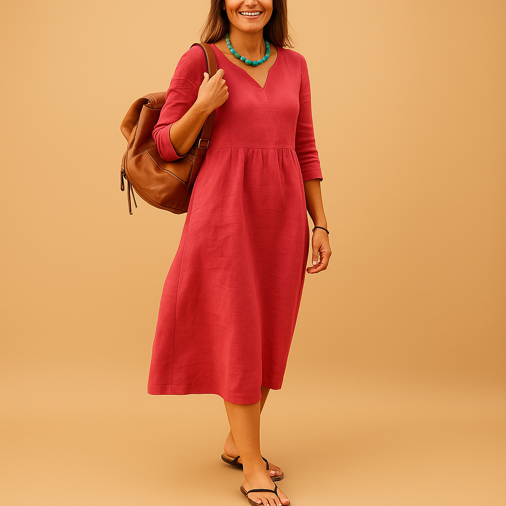 Women’s high waist midi dress with V-neck and half sleeves, perfect for formal events, office wear, and stylish everyday outfits.