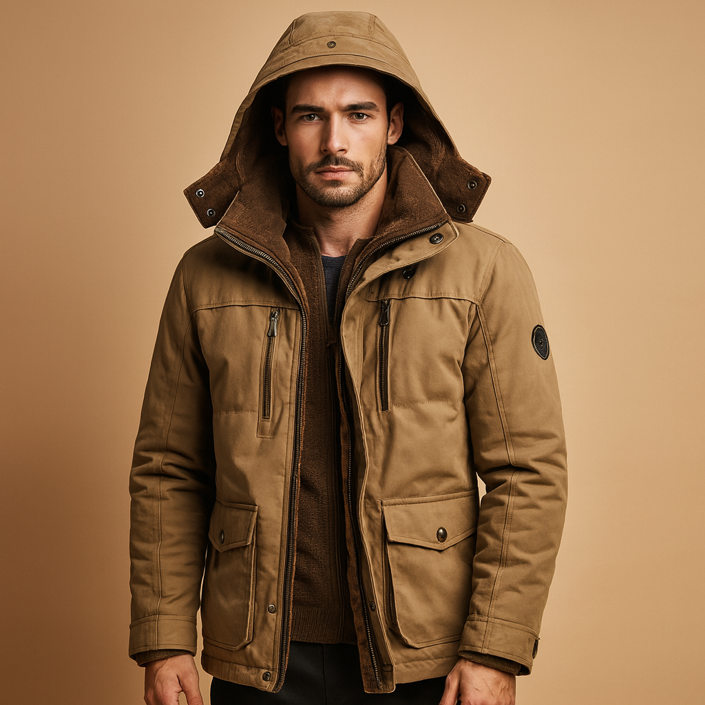 Men’s hooded winter coat with thick insulation and a classic design, suitable for daily wear and outdoor activities during cold winter days.