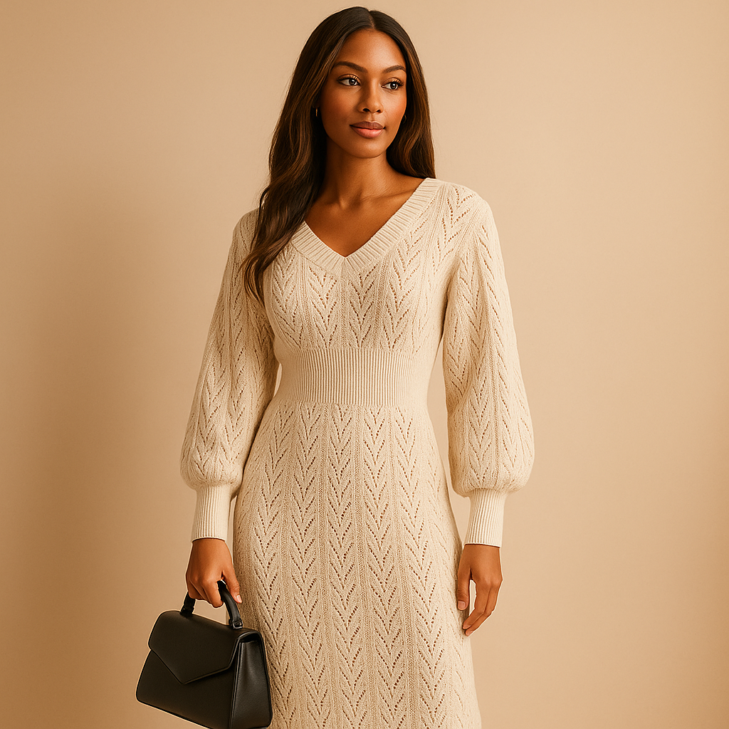 Women’s knitted dress with a V-neck and long sleeves, perfect for work, casual days, and elegant outings in spring and summer.