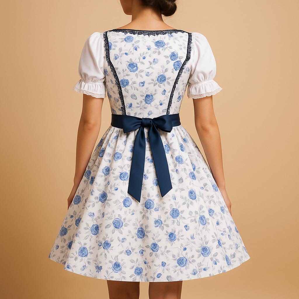 Women’s lace dirndl dress with matching apron in blue and white, perfect for Oktoberfest, themed parties, and traditional celebrations