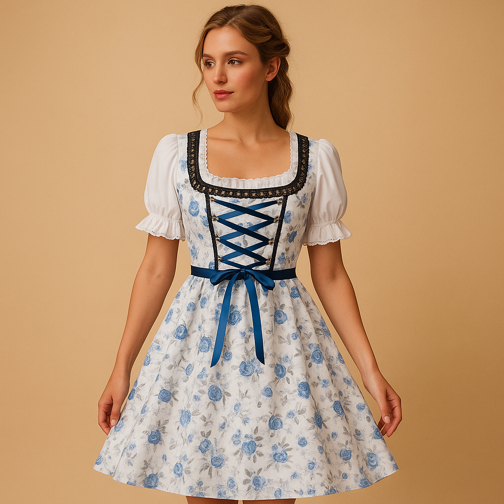 Women’s lace dirndl dress with matching apron in blue and white, perfect for Oktoberfest, themed parties, and traditional celebrations