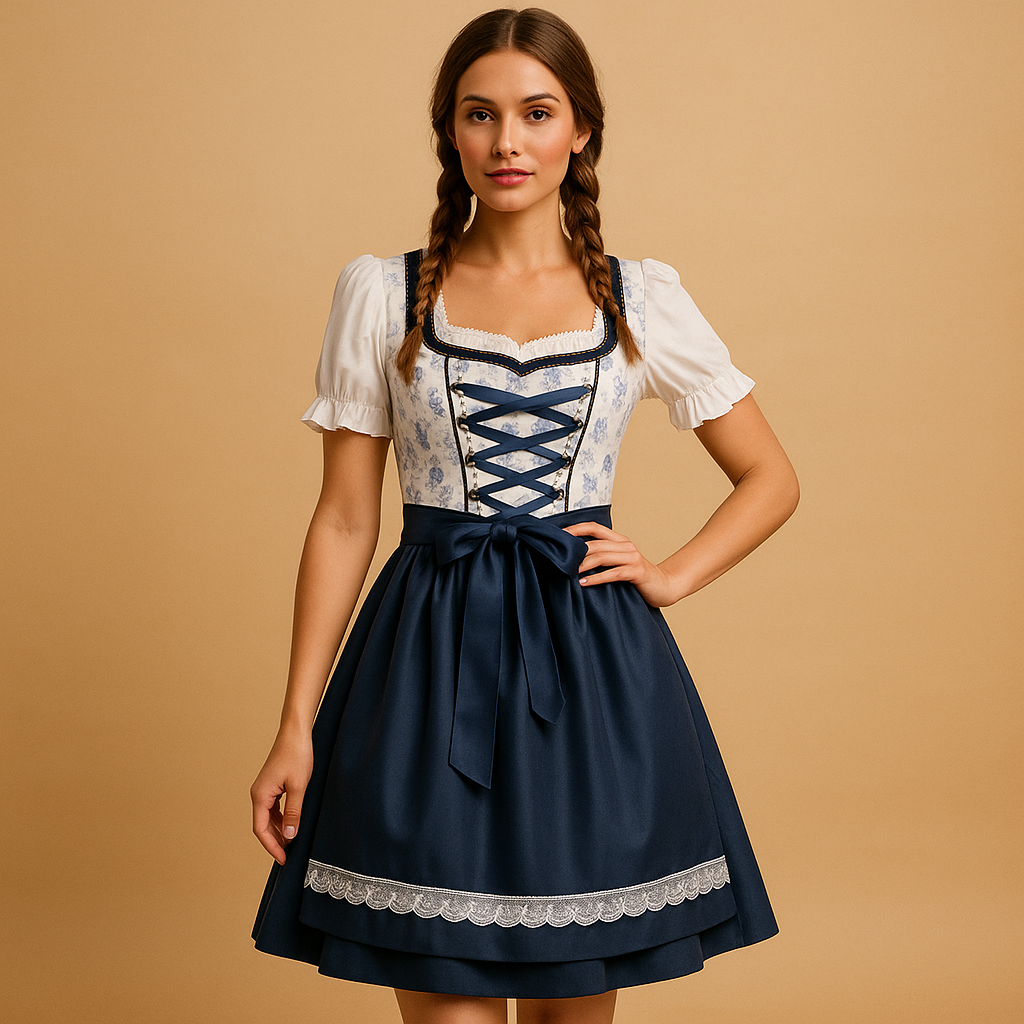 Women’s lace dirndl dress with matching apron in blue and white, perfect for Oktoberfest, themed parties, and traditional celebrations