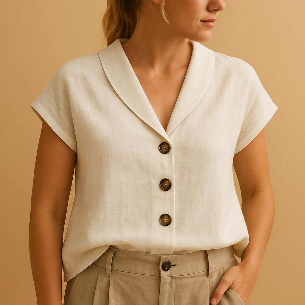 Lightweight round neck summer blouse for women with button detail, suitable for casual wear, beach days, and warm weather outings.