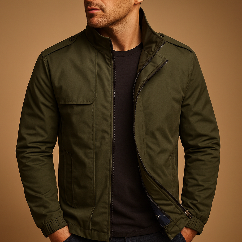 Men’s lightweight summer jacket with stand collar and practical pockets, suitable for daily wear, city walks, and casual or formal occasions.
