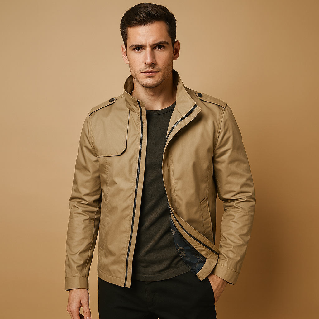 Men’s lightweight summer jacket with stand collar and practical pockets, suitable for daily wear, city walks, and casual or formal occasions.