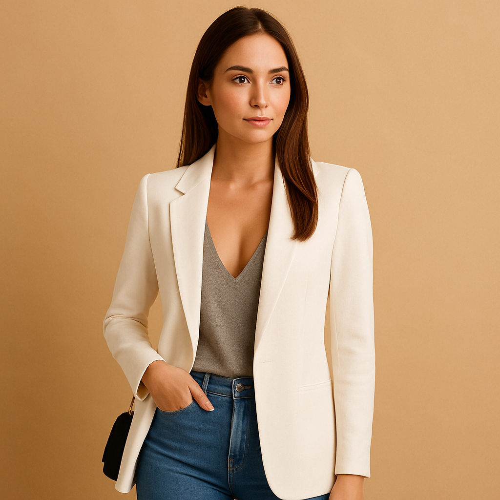 Long elegant blazer for women with a slim tailored fit and luxurious look, available in multiple classic colors.