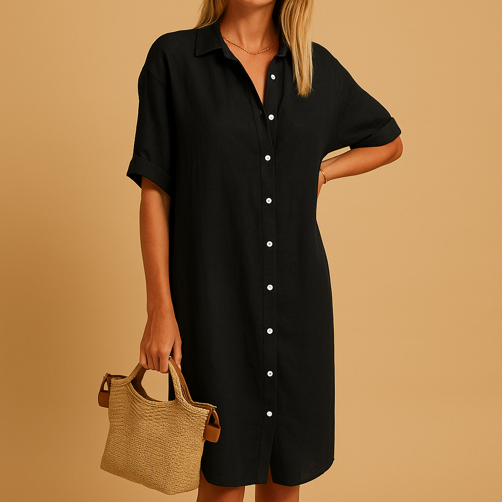 Women’s long shirt dress with short sleeves and a loose fit, perfect for summer days, work, casual outings, and parties.