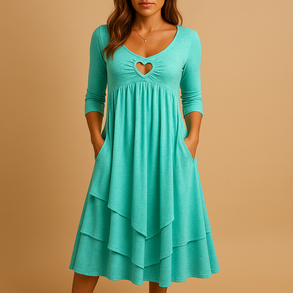 Women’s long sleeve A-line dress with O-neck, pockets, and ruffle details, perfect for work, casual outings, and everyday wear