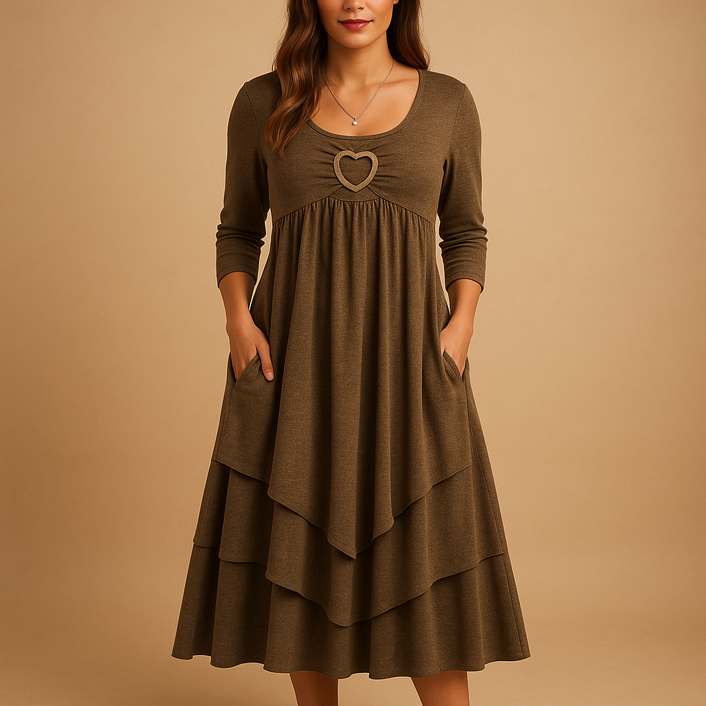 Women’s long sleeve A-line dress with O-neck, pockets, and ruffle details, perfect for work, casual outings, and everyday wear