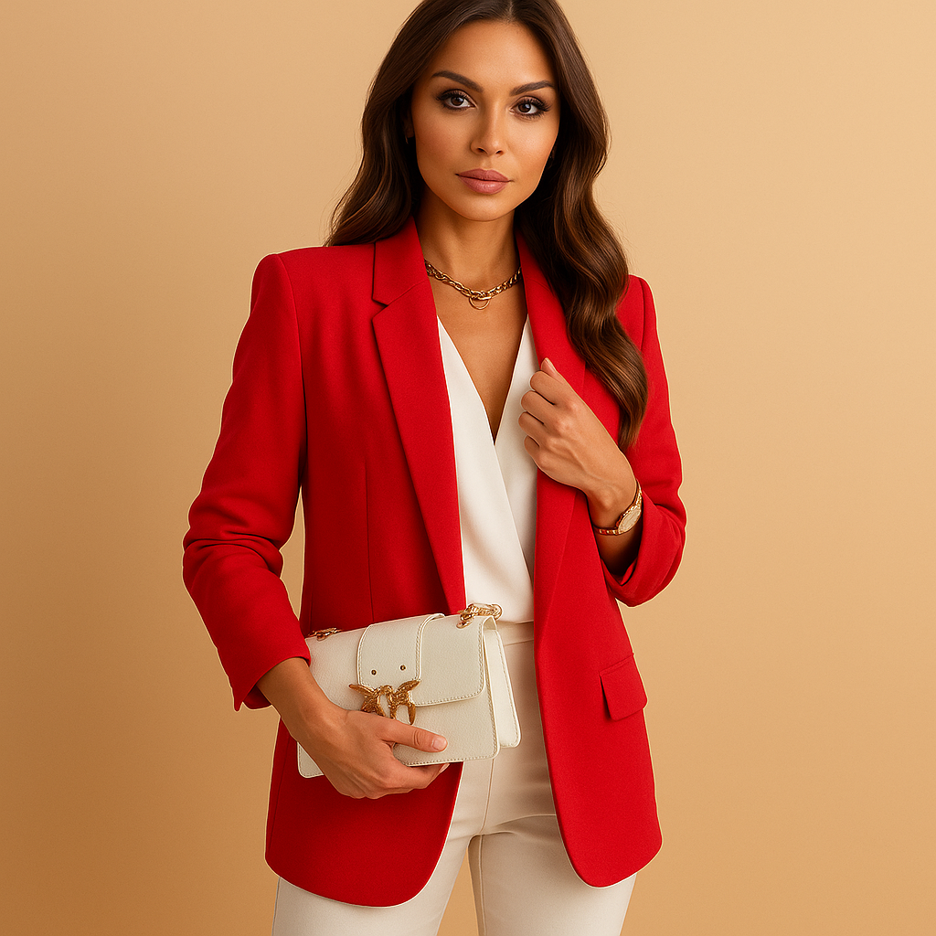 Long tailored blazer for women with a structured fit and classic lapels, ideal for business outfits and formal occasions.