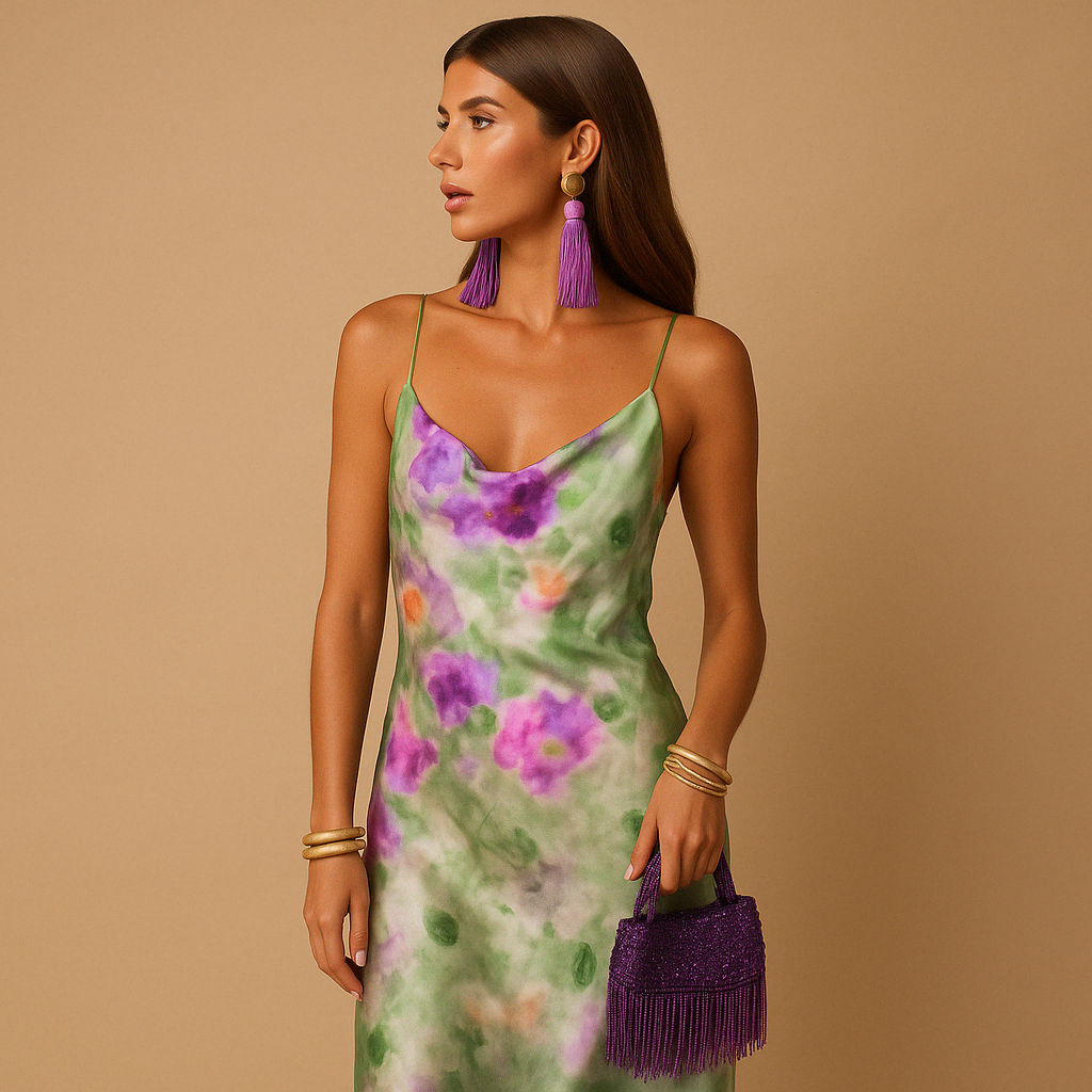 Women’s maxi dress with deep V-neck and artistic print, flowing and lightweight design, perfect for summer parties, weddings, and vacations.
