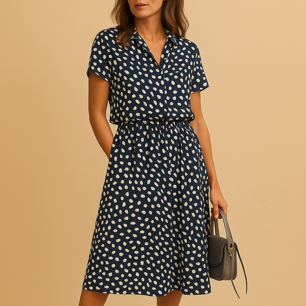 Women’s midi A-line dress with V-neck and breathable fit, perfect for casual outings and elegant occasions.
