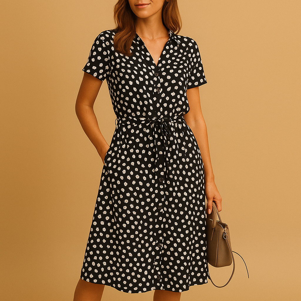 Women’s midi A-line dress with V-neck and breathable fit, perfect for casual outings and elegant occasions.