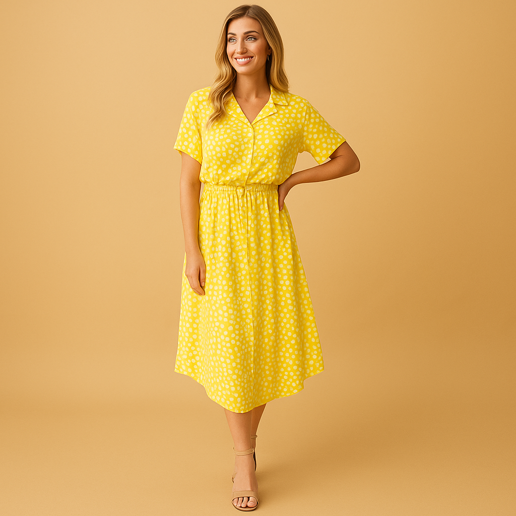 Women’s midi A-line dress with V-neck and breathable fit, perfect for casual outings and elegant occasions.
