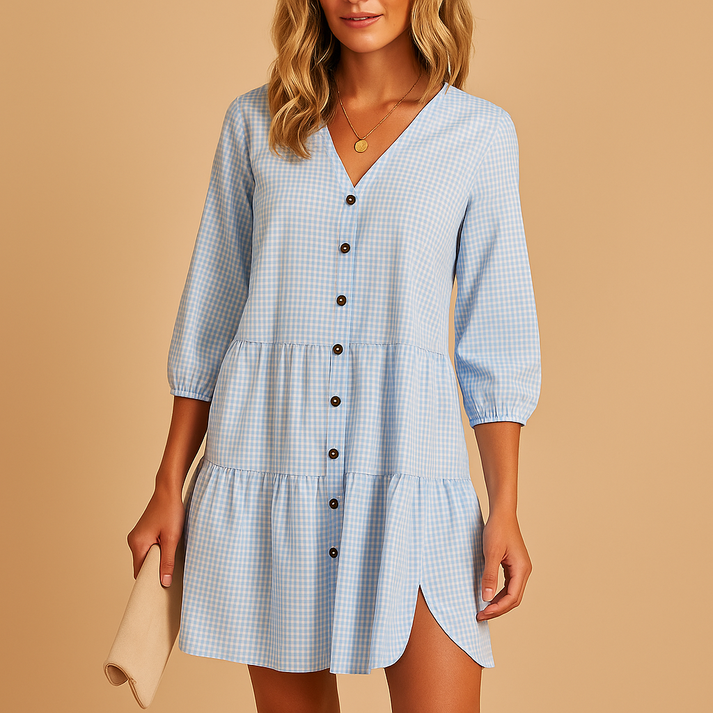 Women’s midi summer dress with three-quarter sleeves and an elegant fit, perfect for work, casual outings, dinners, and summer events.
