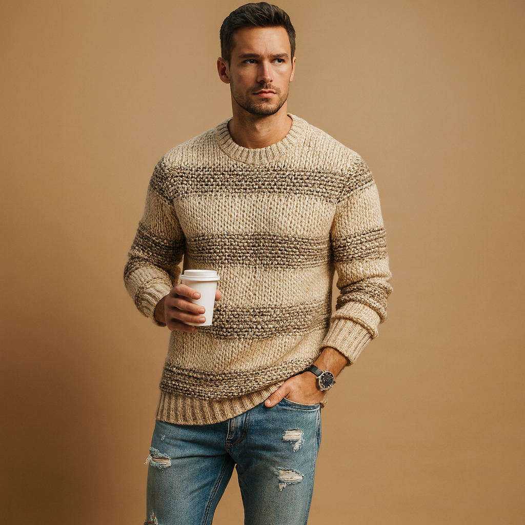 Warm Norwegian knit sweater for men with chunky Nordic design, ideal for casual and formal outfits in autumn and winter.